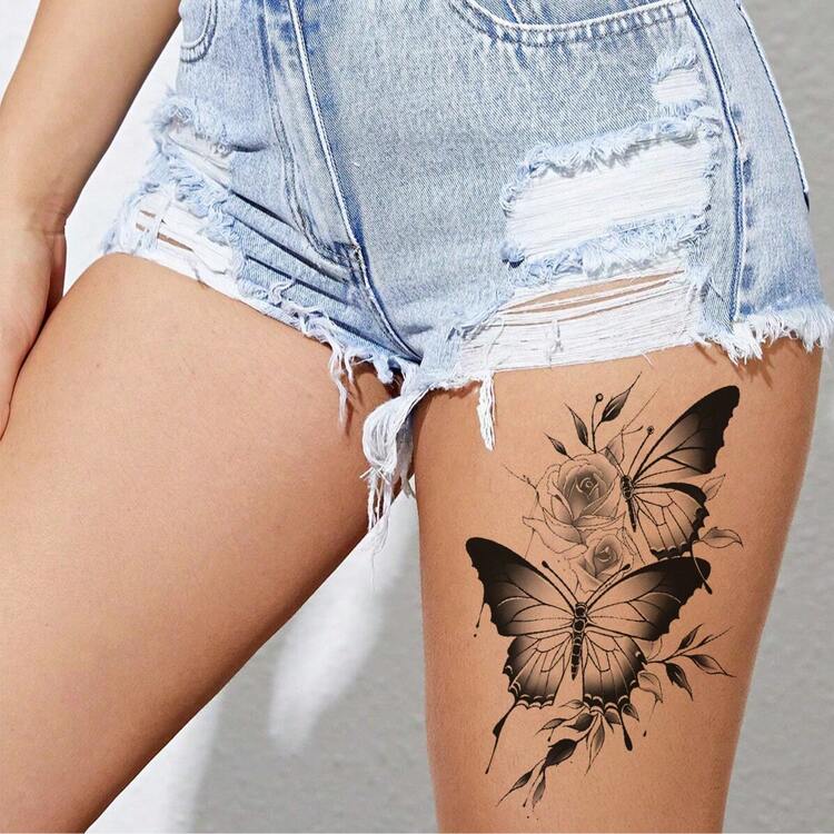 7入組黑色蝴蝶臨時紋身貼紙,畫草圖花玫瑰防水紋身貼紙,適用於腿部、手臂、女性 - 黑色 - 查看 2