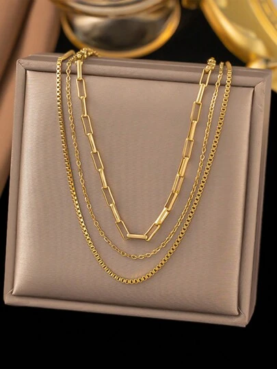 3-Layer Stainless Steel Chain Necklace, Box Chain Multi-Layer Personalized Necklace, Suitable For Daily Wear
