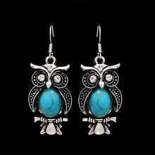 3 cái/bộ Retro Thiết kế con cú Màu ngọc lam Hoa tai , Vòng cổ mặt dây chuyền Bộ - Màu Bạc Cổ - Xem 4