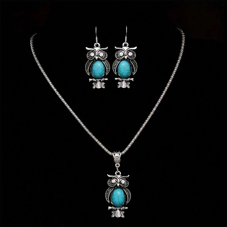 3 cái/bộ Retro Thiết kế con cú Màu ngọc lam Hoa tai , Vòng cổ mặt dây chuyền Bộ - Màu Bạc Cổ - Xem 1