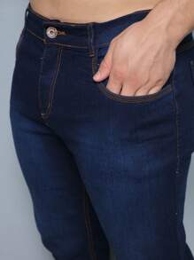 Men Jeans - 深色水洗藍 - 查看 4