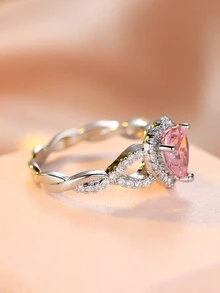 1個粉色立方氧化鋯&白色cz愛情訂婚戒指,母親節女性禮物 - 粉色 - 查看 2