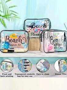 1個PVC防水透明化妝包大容量便攜式旅行收納袋化妝品袋，洗漱袋，防水，拉鍊封口，沙灘主題印花，適用於假期，旅行，浴室，音樂節化妝包組織器化妝品組織器化妝品收納化妝包化妝品收納器化妝品組織袋 - 無色 - 查看 3