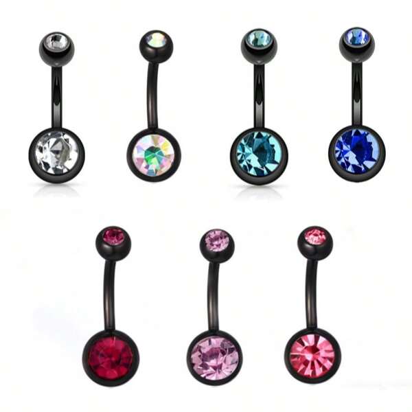 Set de 1/7/10 piezas de piercing de ombligo con barra negra calibre 14 y doble piedra de circonita cúbica