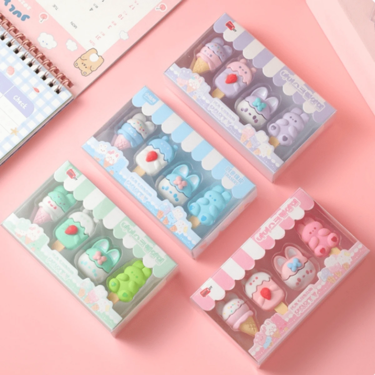 4入/盒綠色可愛卡通造型鉛筆橡皮,適用於學生、課堂獎品、學校用品 - 綠色 - 查看 1