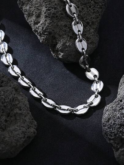 1pc Vintage Coin Style Stainless Steel Coffee Bean Element 60cm Chain Necklace, Gift For Men