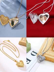 1入組心形小盒墜子吊墜情侶項鍊帶照片插頁 - 金黃色 - 查看 2