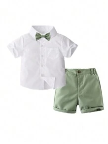 KIMOCAT Young Boy Summer Short Sleeve Shirt Shorts Bow Tie Gentleman Formal Wear Set - Green - View 1