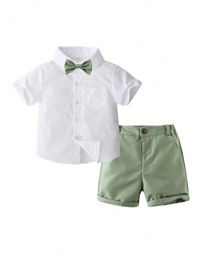 KIMOCAT Young Boy Summer Short Sleeve Shirt Shorts Bow Tie Gentleman Formal Wear Set