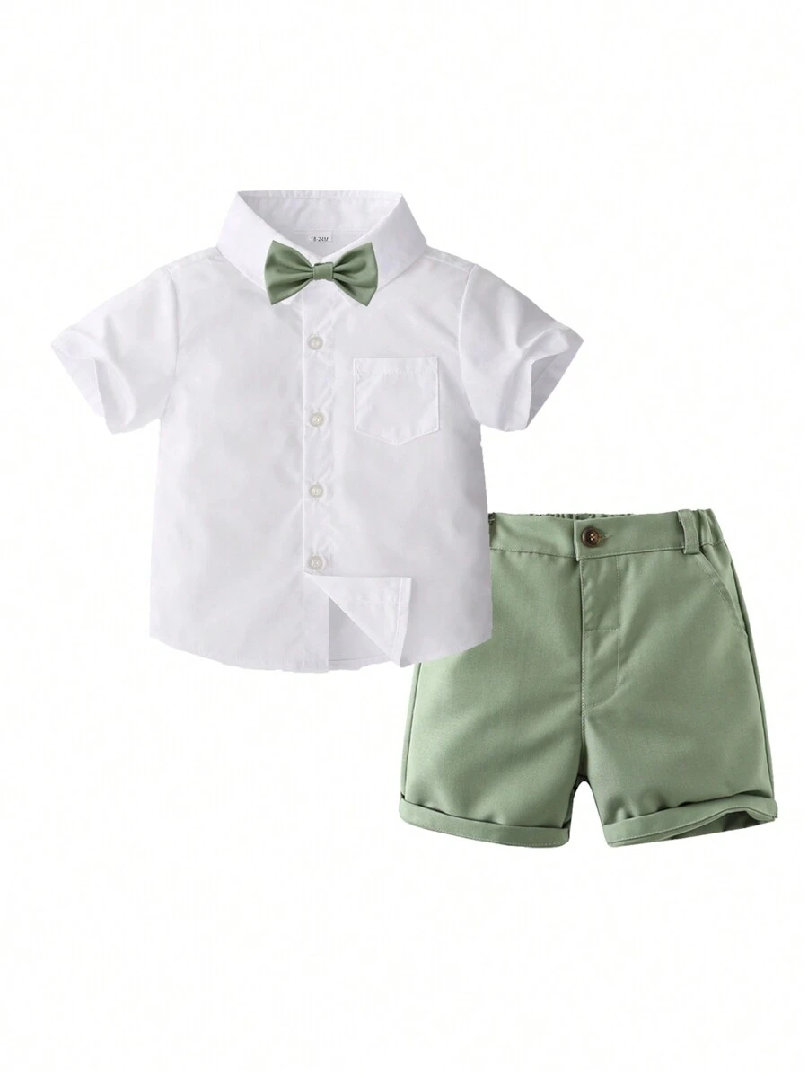 KIMOCAT Young Boy Summer Short Sleeve Shirt Shorts Bow Tie Gentleman Formal Wear Set - Green - View 1