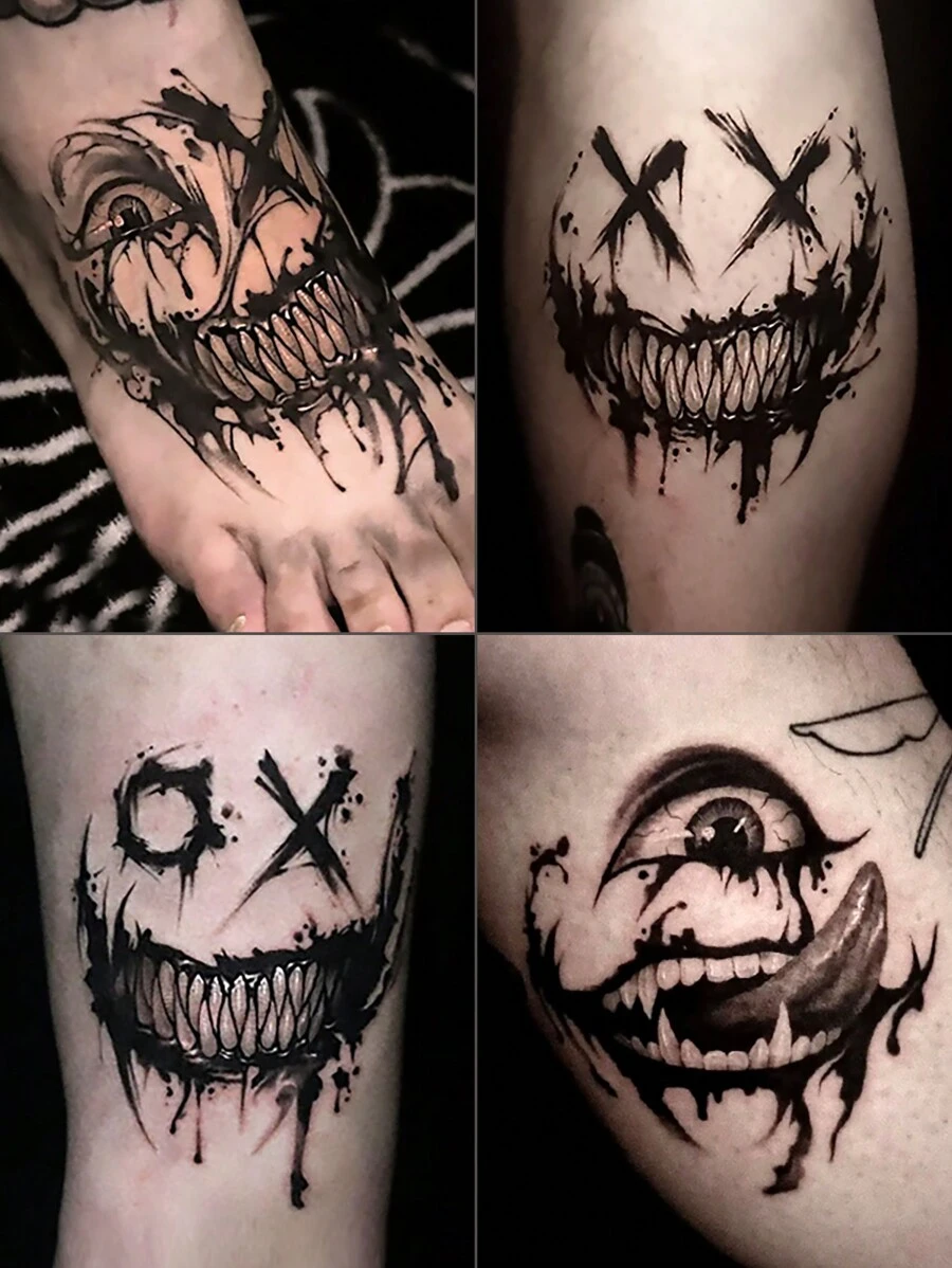 12 件套黑色小丑卡通图案哥特洛丽塔角色扮演临时纹身，防水持久 1-5 天，男女通用设计 - 彩色 - 查看 1