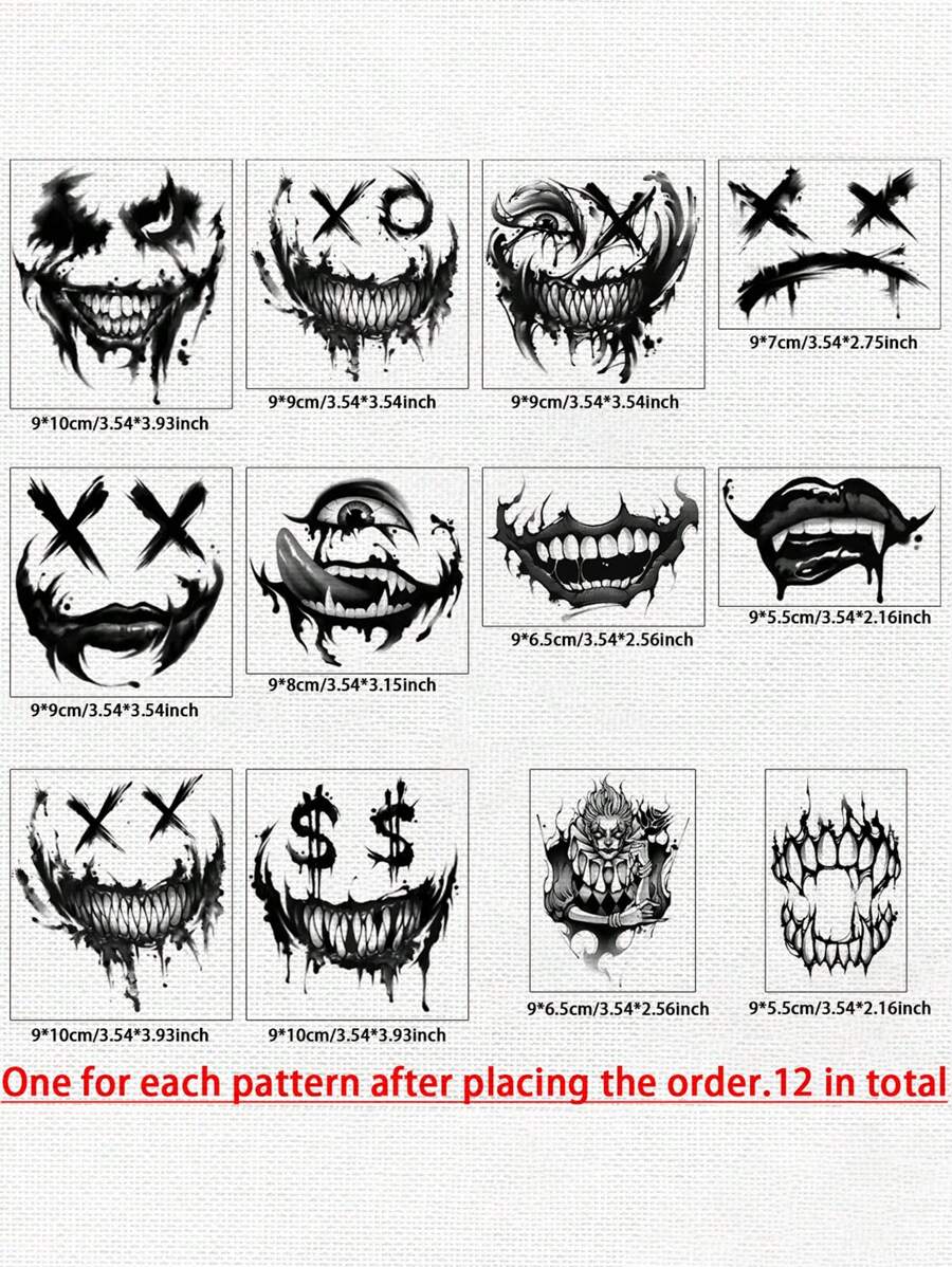 12pcs/Set Fashion Black Dark Gothic Evil Cartoon Joker Smiling Face