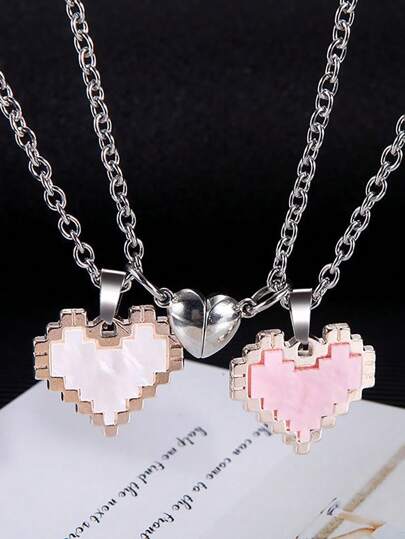 Set de 2 collares de atracción magnética para pareja y mejor amigo con colgante de corazón en mosaico para el Día de San Valentín, Día de la Madre, regalo