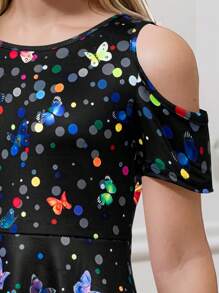 Kilottor Tween Girls' Round Neck Butterfly Printed Casual Dress With Cut Out Shoulder Design - Black - View 6