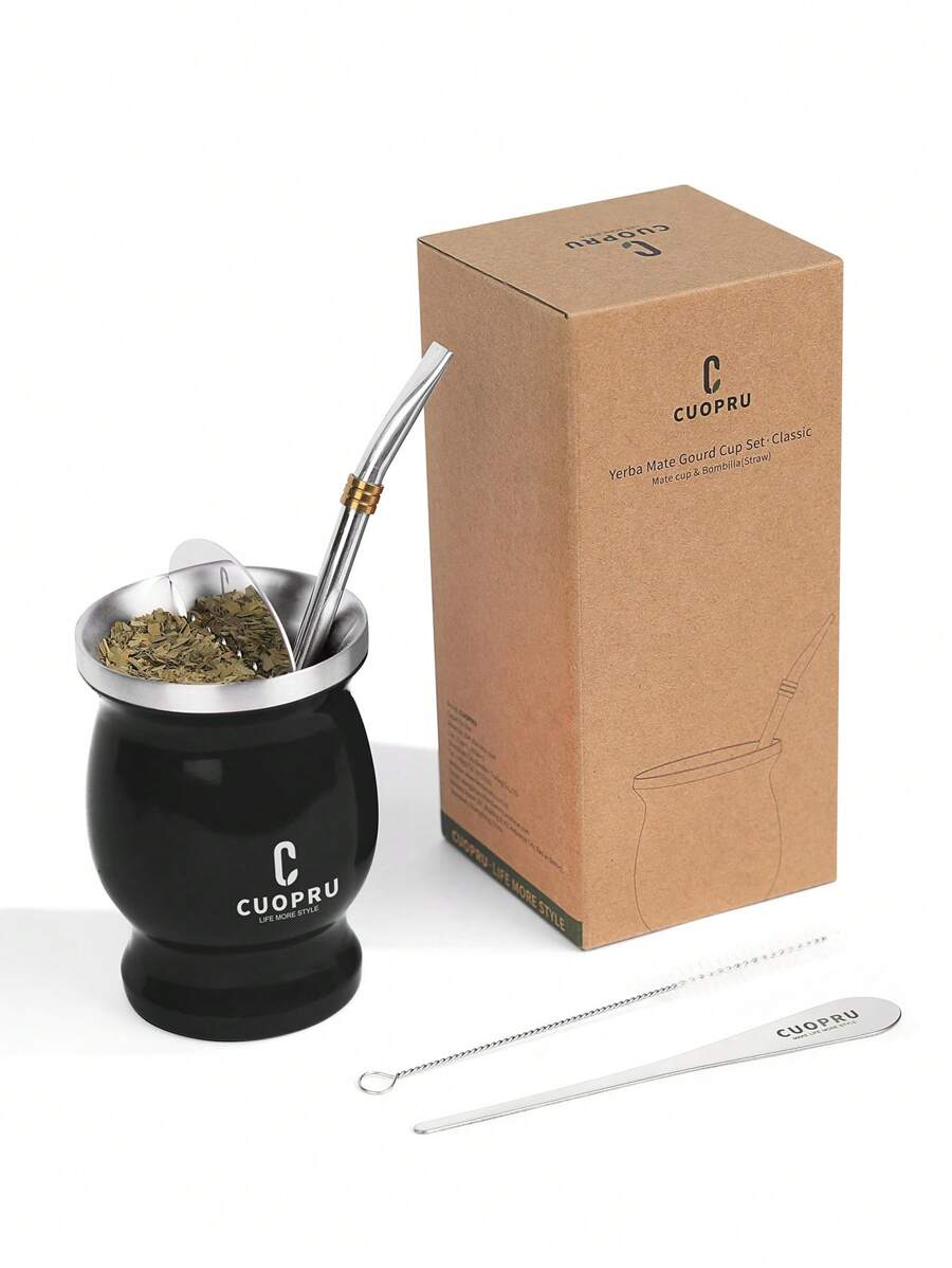 cuopru 雅礱杯sus304不銹鋼雙層8oz阿根廷南瓜杯套裝,附銀管、清潔刷和茶分離器 - 黑色 - 查看 1