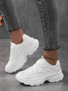 Mujeres Moda Transpirable Malla de color puro Zapatos de talla grande, zapatillas gruesas y blancas con suela gruesa para aumentar la altura y ajuste cómodo