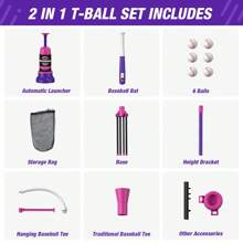 HYES 3-In-1 Baseball Set For Kids 3-5 - Tee Ball Stand, Hanging Tee, Ball Launcher And 6 Softballs - Adjustable Height, Indoor/Outdoor Sport Gifts For Boys, Blue,Purple - Purple - View 8