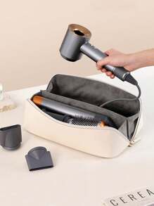 1 pieza Bolsa de almacenamiento en forma de almohada para secador de pelo, bolsa de almacenamiento portátil de PU a prueba de polvo para secador de pelo sin hojas, rizador, hierro rizador, para viajes, con compartimentos para cosméticos, útiles escolares y artículos de aseo.