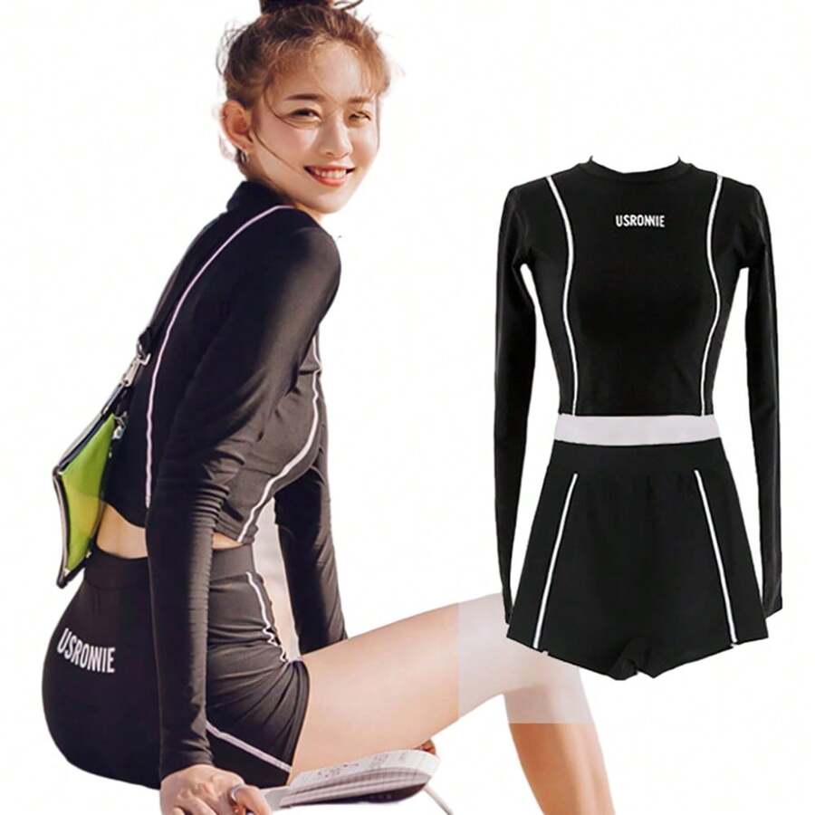 Trajes De Baño 2 Piezas Para Mujer Completo Manga Larga - Negro - Ver 1