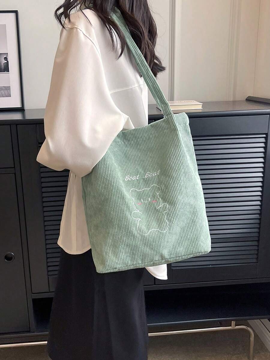 可愛刺繡字母&熊花紋帆布手提袋,適合女性休閒購物