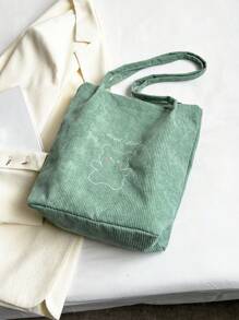 可愛刺繡字母&熊花紋帆布手提袋,適合女性休閒購物