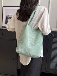 可愛刺繡字母&熊花紋帆布手提袋,適合女性休閒購物