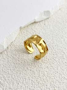 1pc Simple Wide Face Stainless Steel Ring For Women, Fashionable Personalized Versatile Open Ring Decoration - Yellow Gold - View 3