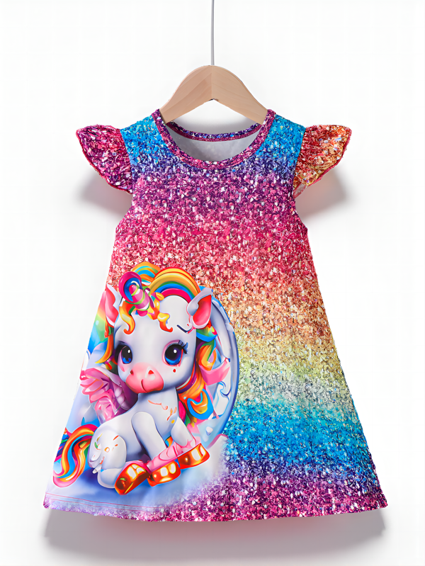 Young Girls Casual Brick Pattern Cartoon Unicorn Print Cap Sleeve Dress