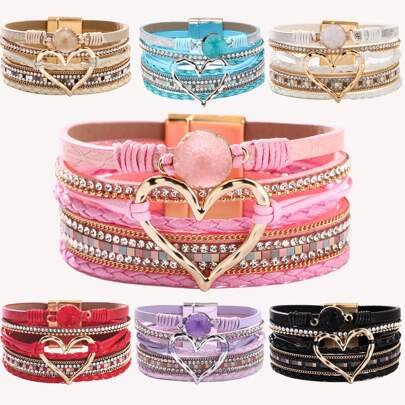 Bohemian Armband aus PU-Leder mit Magnetverschluss, Herz-Charm-Armband, Alltagsaccessoire - ohne Mosaiksteine, ganzjährig tragbar, Oster-, Valentinstags-, Mutter-, Muttertags-Geschenk
