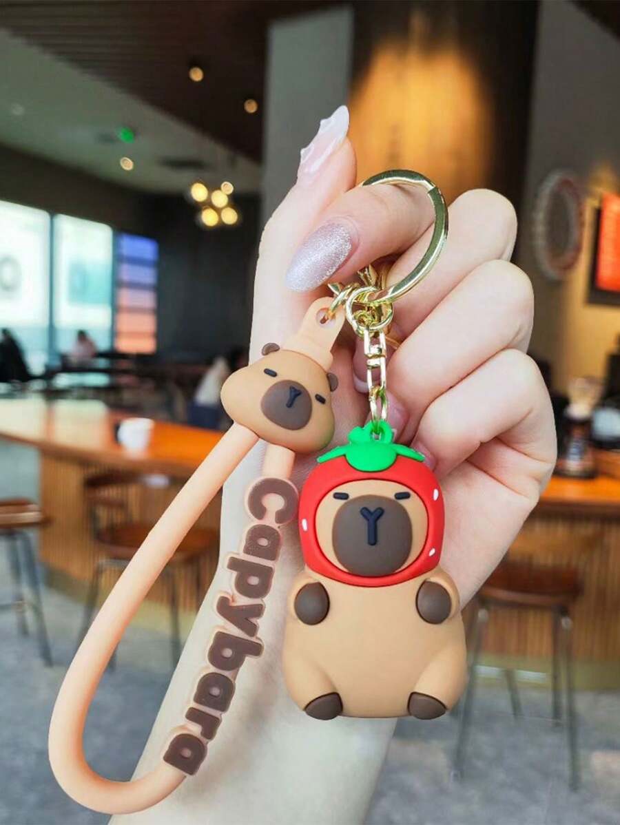 Llavero de capibara con gorro de fresa de silicona 1 pieza - Verde - Ver 1