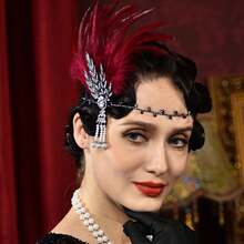 1入組鍊條裝飾羽毛頭帶,適用於日常、節日、派對、母親節、情人節,是裝飾和配件的絕佳禮物 - 酒紅色 - 查看 4