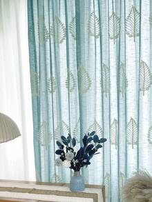 1片葉子刺繡過濾光線的窗簾 - 藍色 - 查看 6