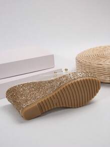 10cm Wedge Heel Water Resistant Thick Bottom Women's Shoes For Summer Outdoor Activities With Transparent Peep Toe Design And Golden Beads Decoration