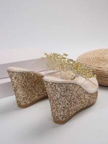 10cm Wedge Heel Water Resistant Thick Bottom Women's Shoes For Summer Outdoor Activities With Transparent Peep Toe Design And Golden Beads Decoration