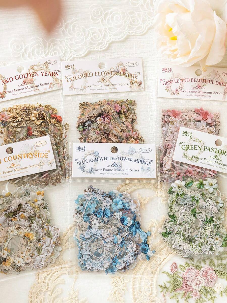 20pcs/Pack Flower & Frame Museum Series Sticker Set, Waterproof Material For Diy Scrapbooking Decoration Back To School