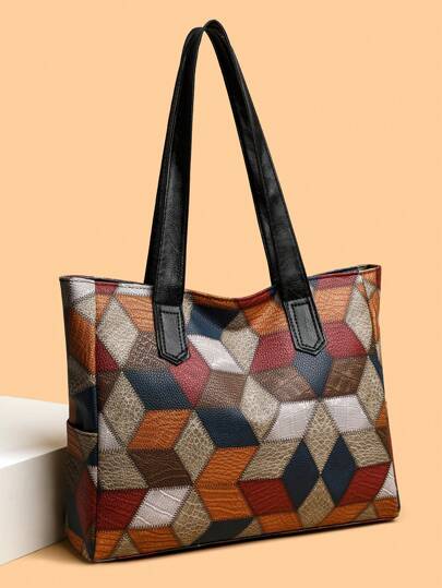 女士彩色 PU 单肩手提包手提包，文艺购物袋和书包，适合女性或学生，非常适合书籍、购物等