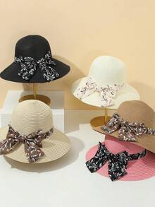 1頂女士花卉、蝴蝶結和草帽,時尚休閒,適用於日常穿著和海灘度假波西米亞風格 - 彩色 - 查看 8