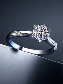 1個時尚簡約優雅的6爪圓形立方氧化鋯女戒,是完美的情人節和婚禮禮物 - 銀色 - 查看 13