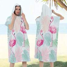 Due  jeheo 1 件创意火烈鸟图案亲子连帽浴巾，现代风格超细纤维矩形多用途毛巾，适用于室内浴室和室外海滩更衣和淋浴 - 彩色 - 查看 3