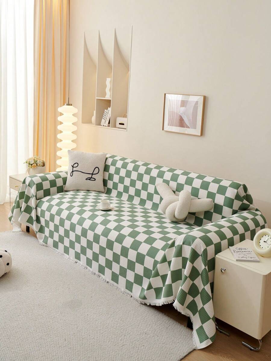 1入現代防滑沙發套,四季通用,沙發桌布,野餐墊,臥室,客廳,辦公室,戶外,卡其格設計 - 綠色 - 查看 1