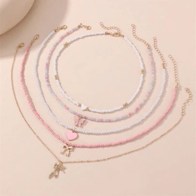 5 cái/bộ Vòng cổ đính cườm Bộ Dành cho Cô gái , Với Trân châu , Loại bướm , Và Mặt dây chuyền trái tim