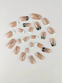 24入組短款法式黑白條紋指甲藝術貼紙，附1個雙面膠帶和1個指甲文件，輕鬆貼上美甲提供 - 彩色 - 查看 6