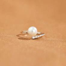 1入組S925純銀女戒，鑲有大珍珠和鑽石，開放式設計，風格簡約優雅，獨特的設計，適合戴在食指上，適合婚禮和日常穿著，是母親、最好的朋友、女友或生日禮物的完美禮物，婚禮首飾新娘飾品 - 銀色 - 查看 4