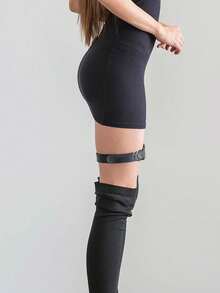 2pcs Women's Black Pu Leather Leg Garters With Buckle And Rivet Decor, Fashionable Punk Thigh Ring - Black - View 3