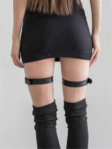 2pcs Women's Black Pu Leather Leg Garters With Buckle And Rivet Decor, Fashionable Punk Thigh Ring - Black - View 2