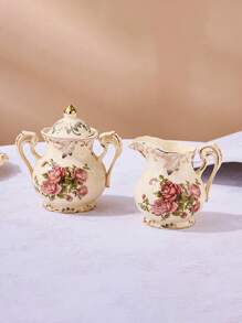 1set European Style Ceramic Sugar Bowl And Milk Pot Set, Coffee Tools With Flower Cup, Sugar Container And Storage Jar - Beige - View 1