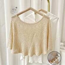 1入女士實色針織中空披肩,配珍珠鈕扣,適用於春夏秋冬,百搭披肩,適合日常穿著,防曬透氣 - 彩色 - 查看 11