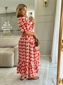 Vestido Envelope Transpassado Estampado De Amarrar - Laranja - Visão 2