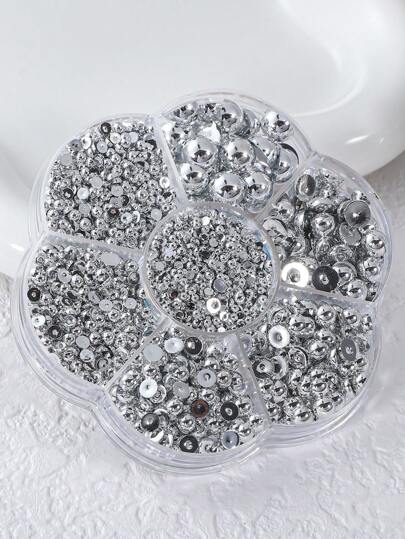 2000Pcs/Box Silver Faux Pearl Nail Art Decoration, Plum Blossom Box Semi-Circular Faux Pearl Accessory, Nail Diy Decor In Various Sizes Nail Charms Nail Gems Nail Supplies Nails