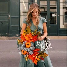 1入14英寸人造南瓜秋葉莓子半圈花環,農舍風格花環,適用於秋季和感恩節的裝飾 - 橘色 - 查看 7